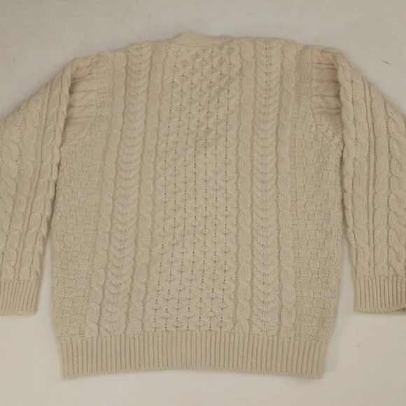 Soft Irish Wool LL Bean Fisherman Cardigan Collarless Aran Knit Sweater Cream M